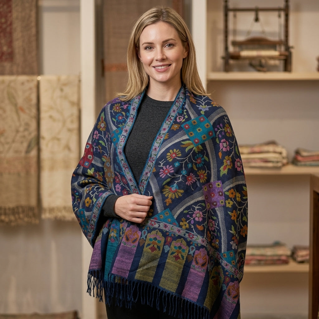 Pashmina Kani Jamawar Blue Base — GI Certified