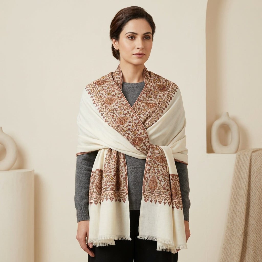 Pashmina Sozni Dourdar Shawl with Tilla Outlining