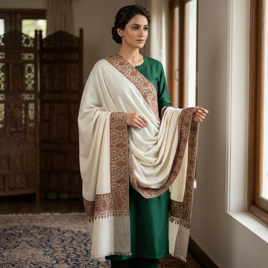 Pashmina Sozni Dourdar Shawl with Tilla Outlining