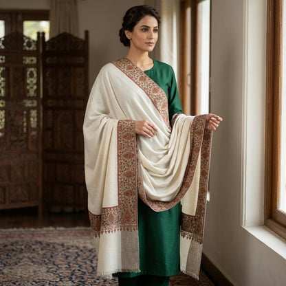 Pashmina Sozni Dourdar Shawl with Tilla Outlining