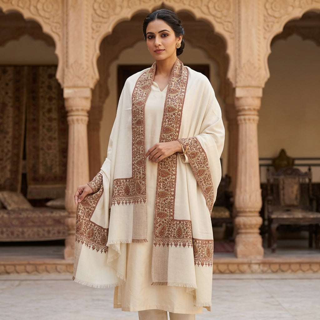 Pashmina Sozni Dourdar Shawl with Tilla Outlining