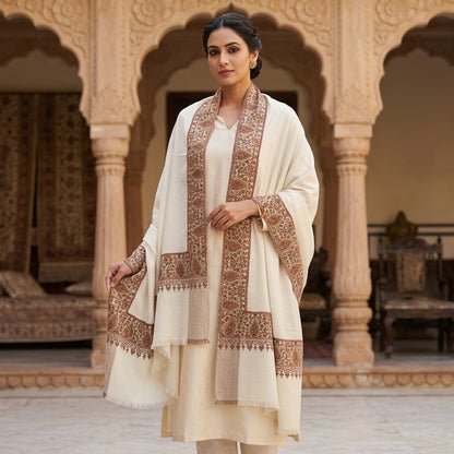 Pashmina Sozni Dourdar Shawl with Tilla Outlining