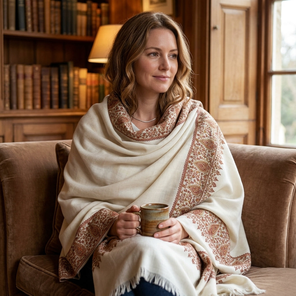 Pashmina Sozni Dourdar Shawl with Tilla Outlining
