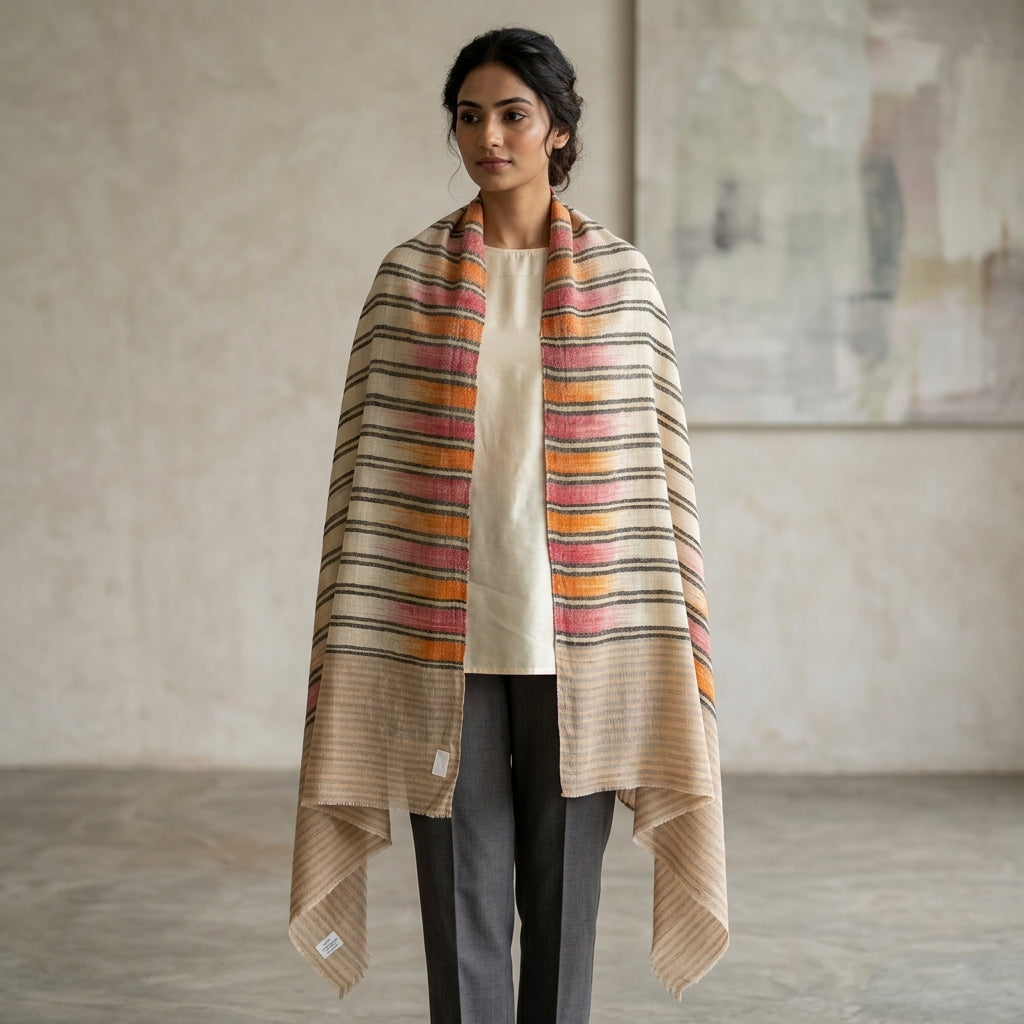 Pashmina Stripe with Ikat Pattern & Zari Touch Shawl