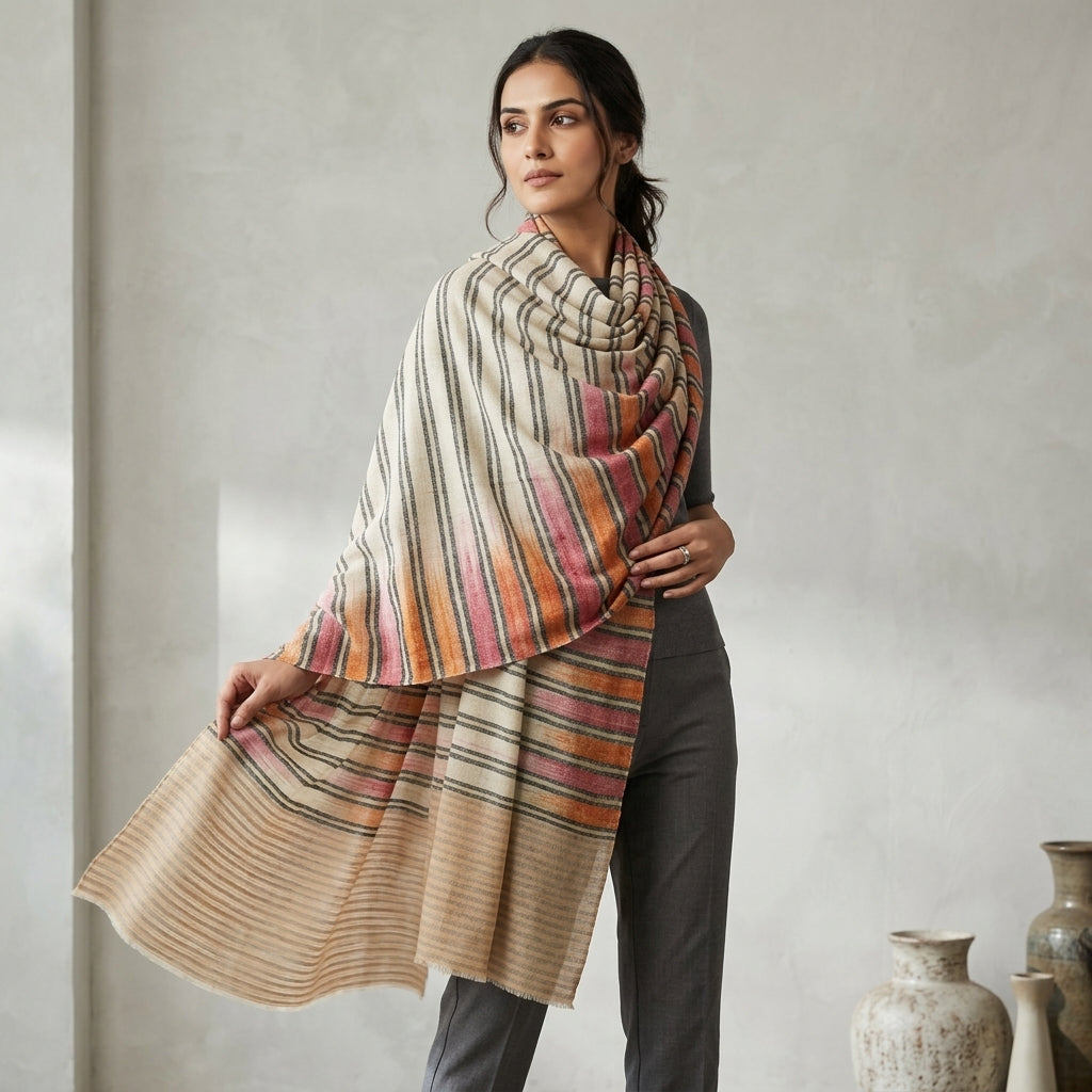 Pashmina Stripe with Ikat Pattern & Zari Touch Shawl