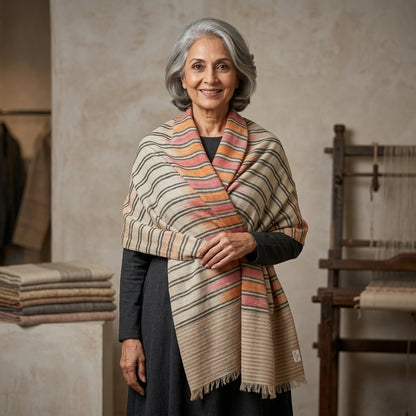 Pashmina Stripe with Ikat Pattern & Zari Touch Shawl