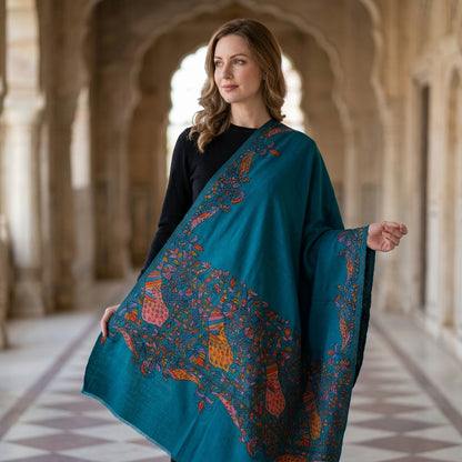 Pashmina Sozni Peacock Papier Mâché Border Shawl
