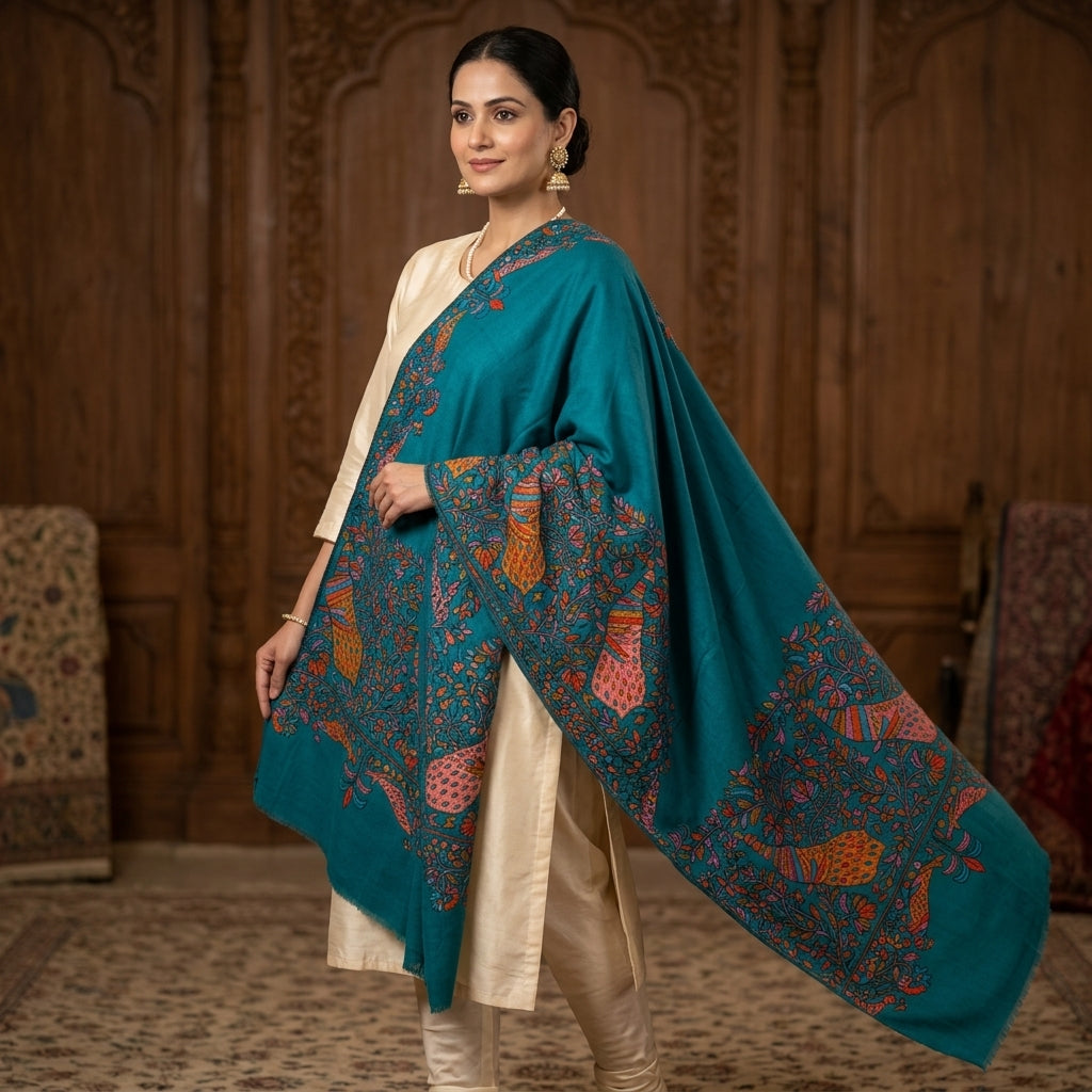 Pashmina Sozni Peacock Papier Mâché Border Shawl