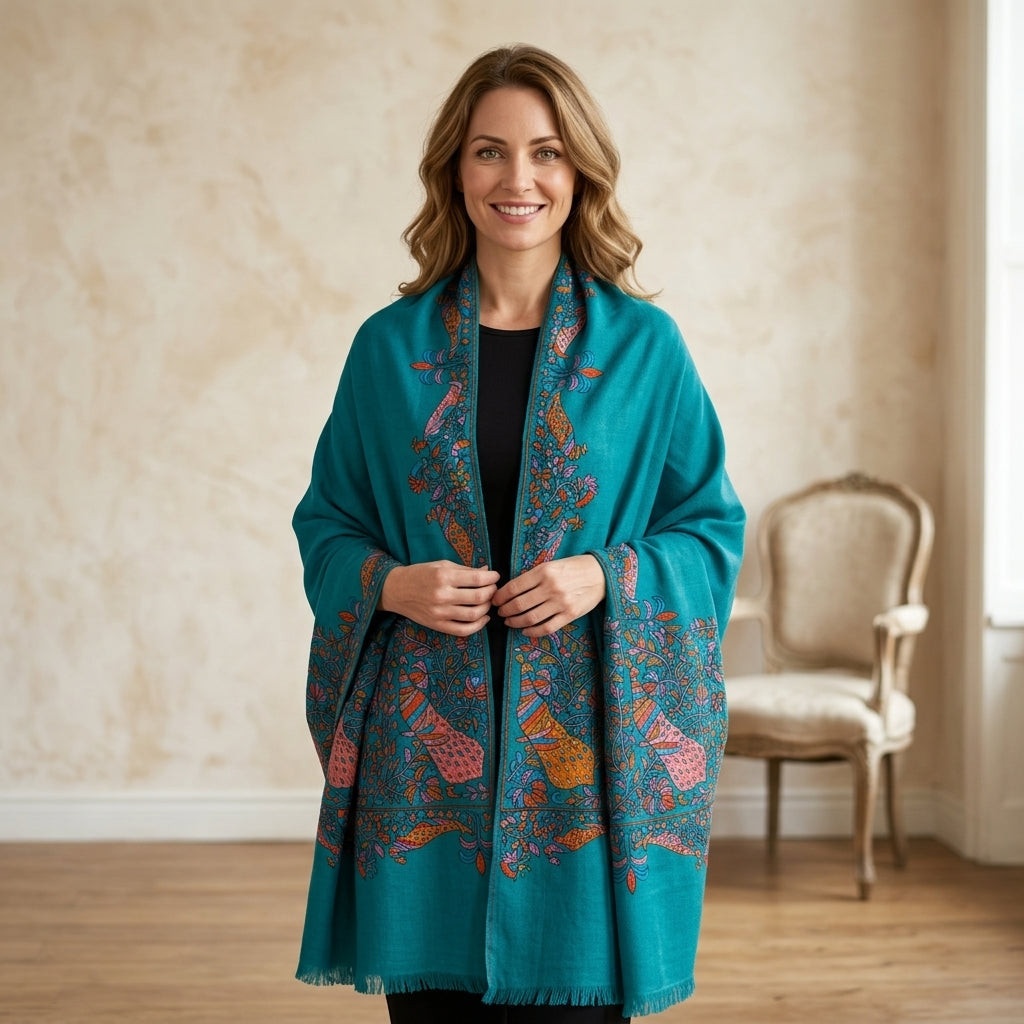 Pashmina Sozni Peacock Papier Mâché Border Shawl