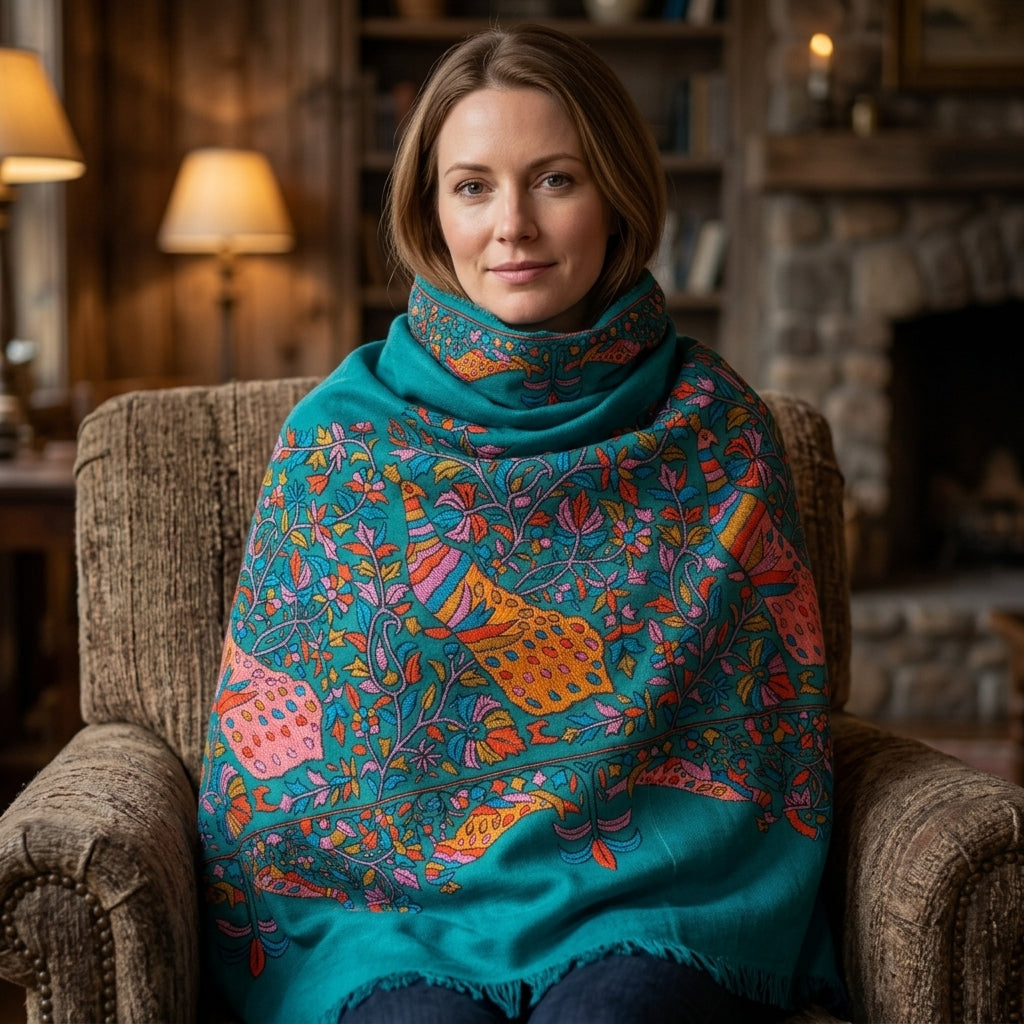 Pashmina Sozni Peacock Papier Mâché Border Shawl
