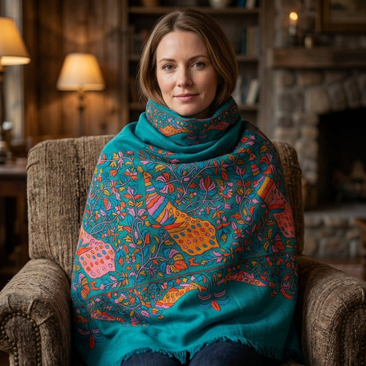Pashmina Sozni Peacock Papier Mâché Border Shawl
