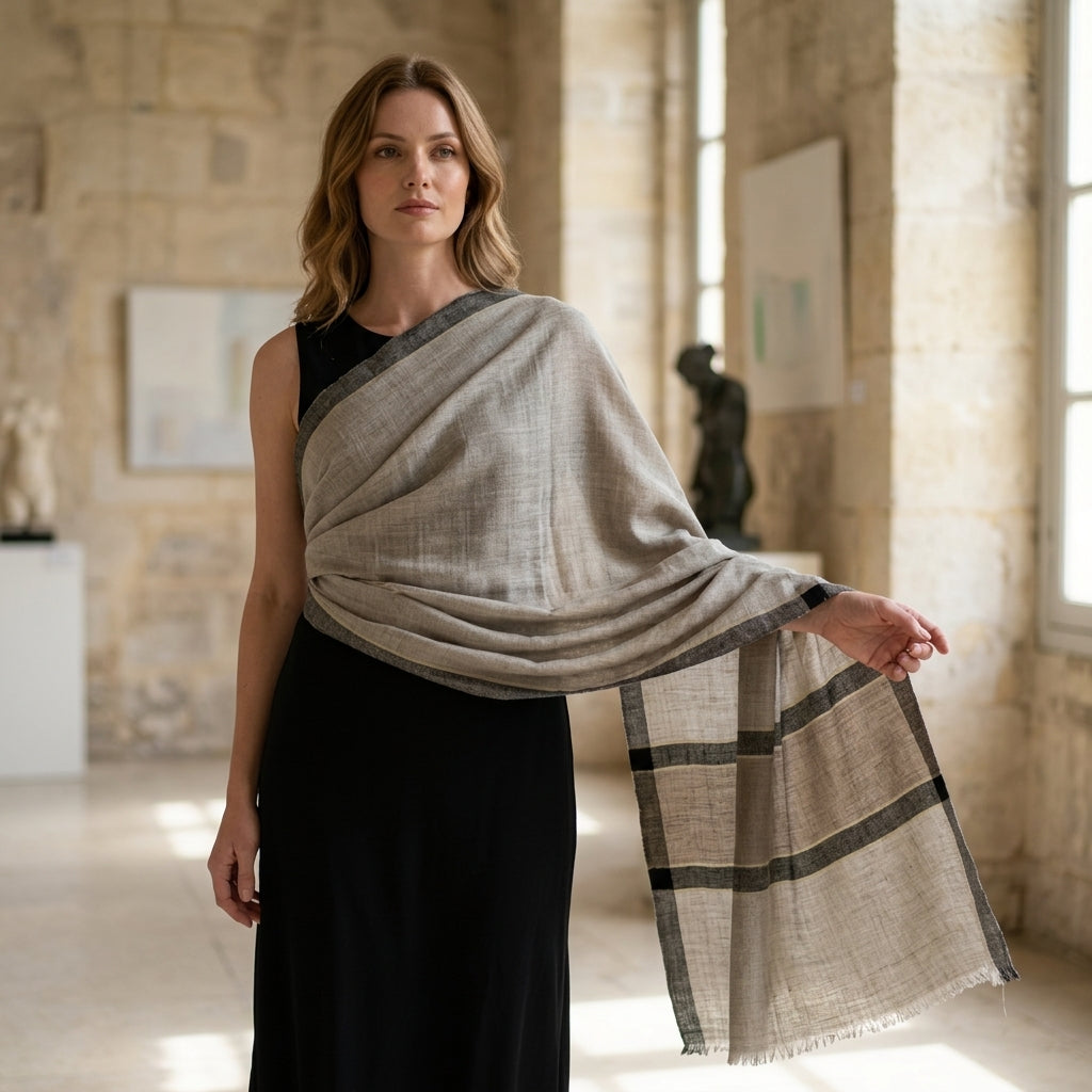 Pashmina Grey & Ivory Bold Stripe Shawl