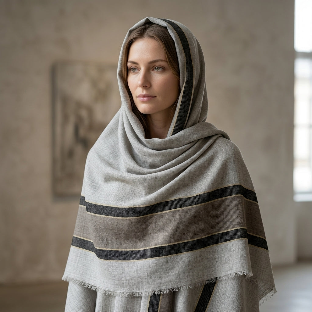 Pashmina Grey & Ivory Bold Stripe Shawl