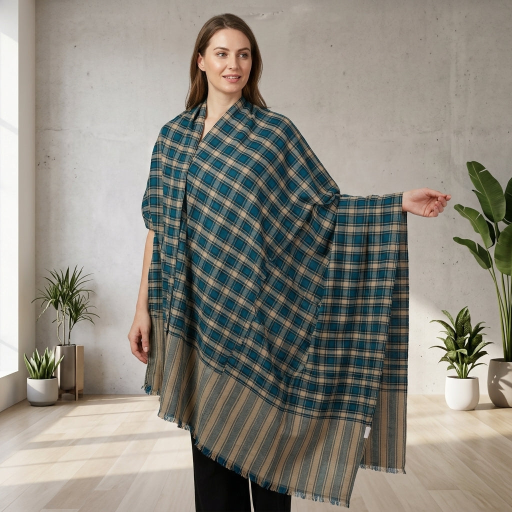 Pashmina Sea Green Checkered Handwoven Shawl
