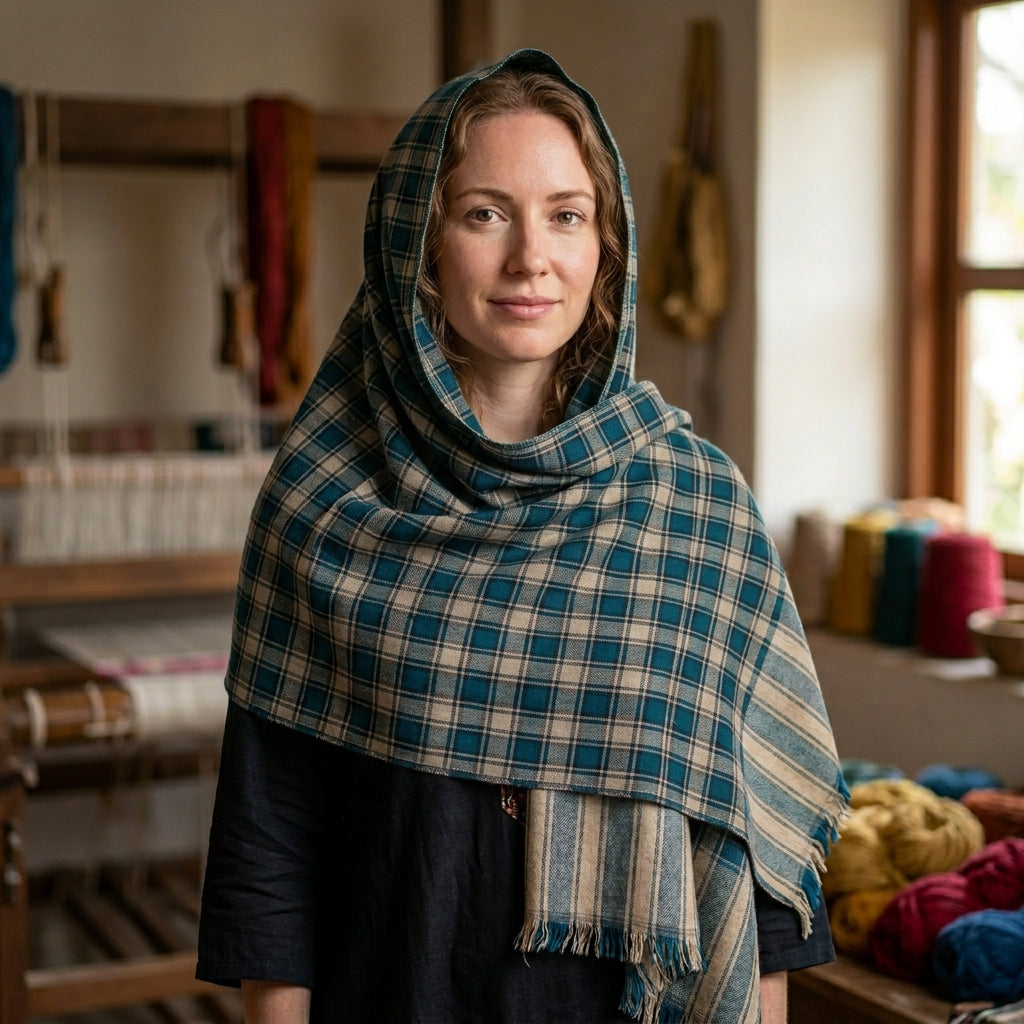 Pashmina Sea Green Checkered Handwoven Shawl