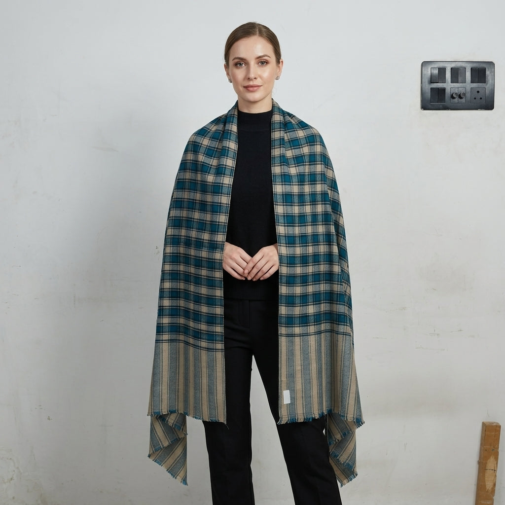 Pashmina Sea Green Checkered Handwoven Shawl