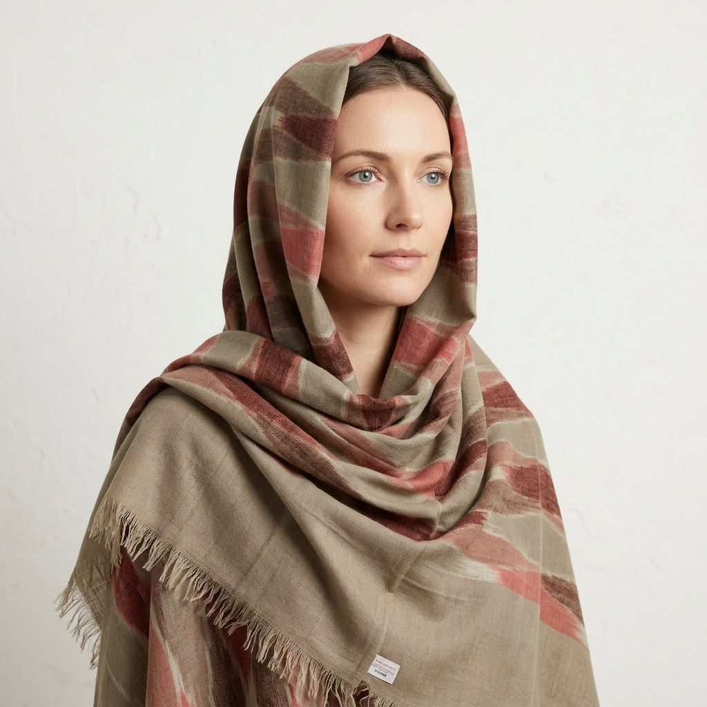Pashmina Ikat Pattern Checkered Handwoven Shawl