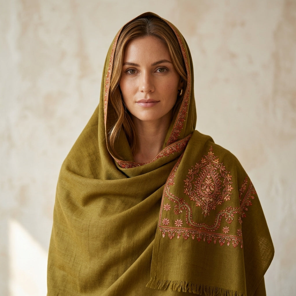 Pashmina Olive Green Royal Embroidery Shawl