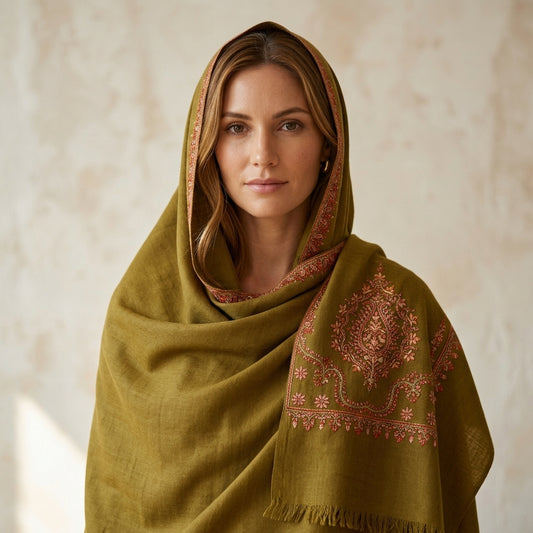 Pashmina Olive Green Royal Embroidery Shawl