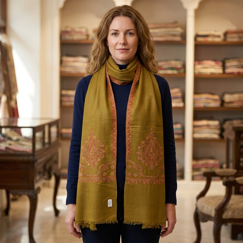 Pashmina Olive Green Royal Embroidery Shawl