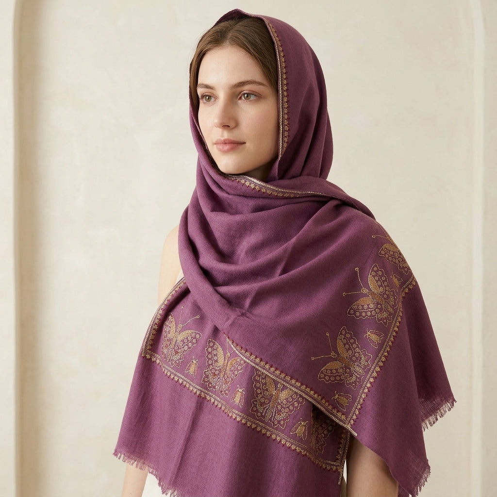 Pashmina Lavender Plain with butterly border Handwoven Stole
