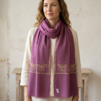 Pashmina Lavender Plain with butterly border Handwoven Stole