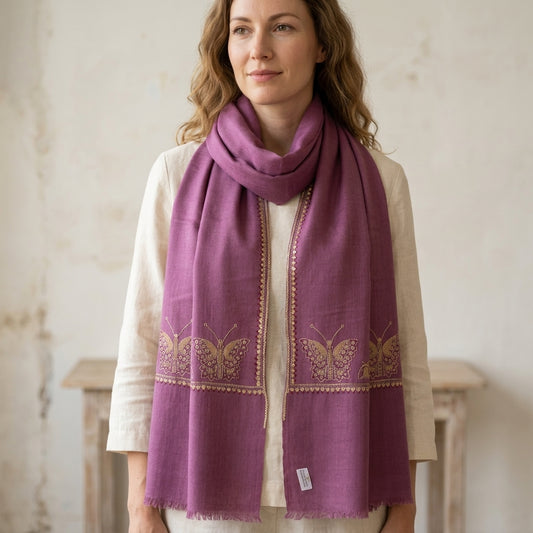 Pashmina Lavender Plain with butterly border Handwoven Stole