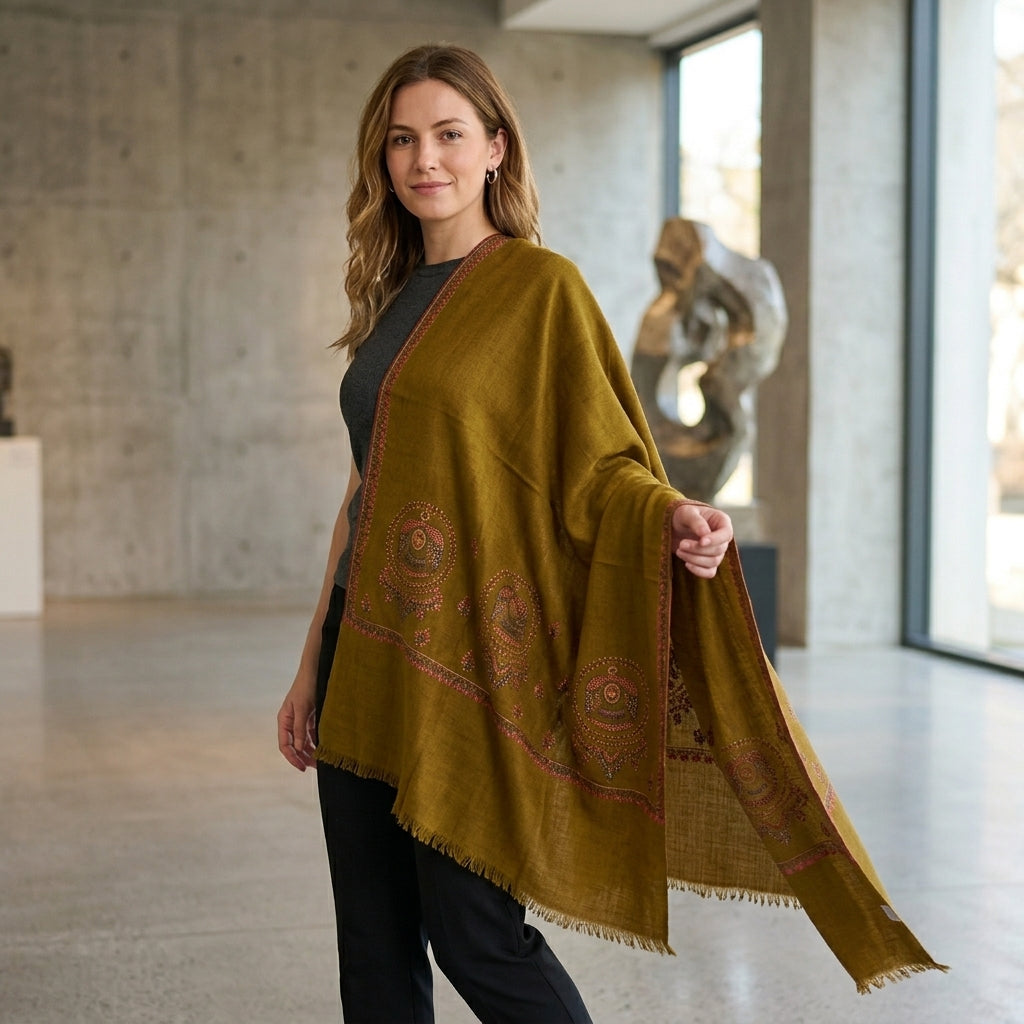 Pashmina Mustard Palla Design Handwoven Stole