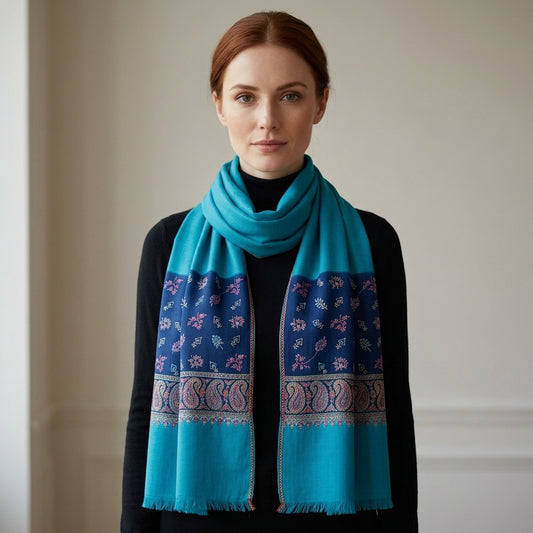 Pashmina Turquoise Two-Tone Sozni Palla Stole