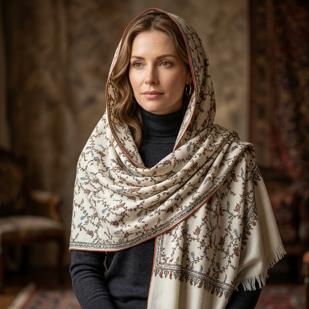 Pashmina White Sozni Jali Pattern Stole