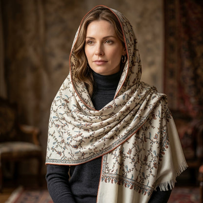 Pashmina White Sozni Jali Pattern Stole