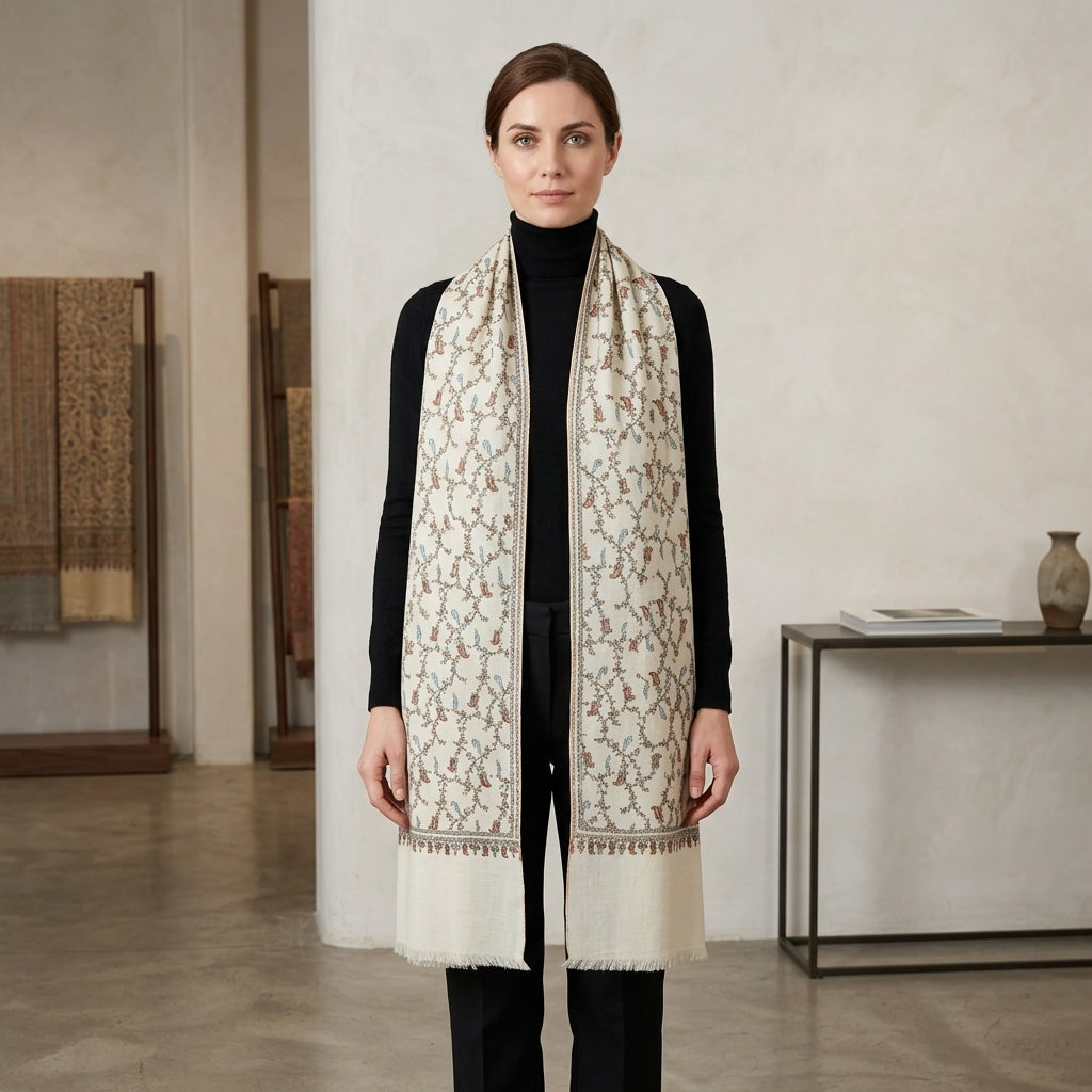 Pashmina White Sozni Jali Pattern Stole