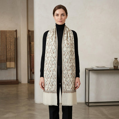 Pashmina White Sozni Jali Pattern Stole