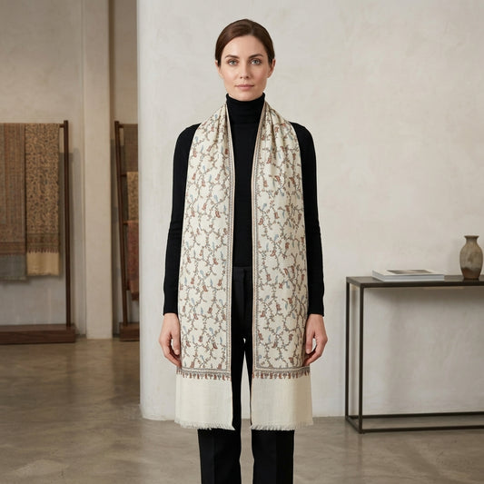 Pashmina White Sozni Jali Pattern Stole