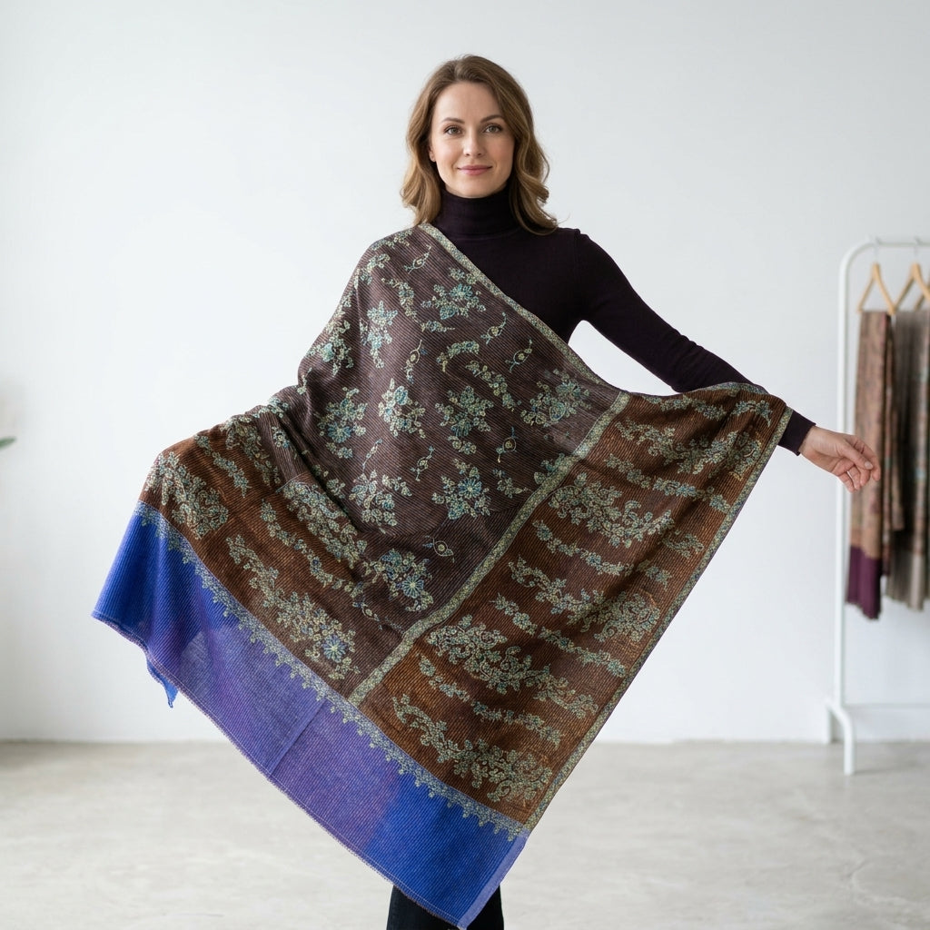Pashmina Wine & Blue Handwoven Designer Stole