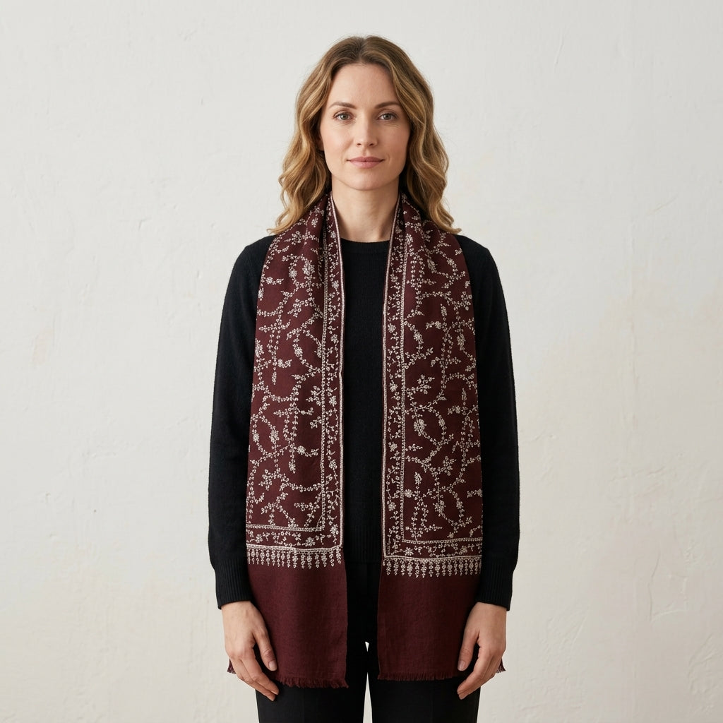 Pashmina Burgundy Heritage Embroidery Shawl
