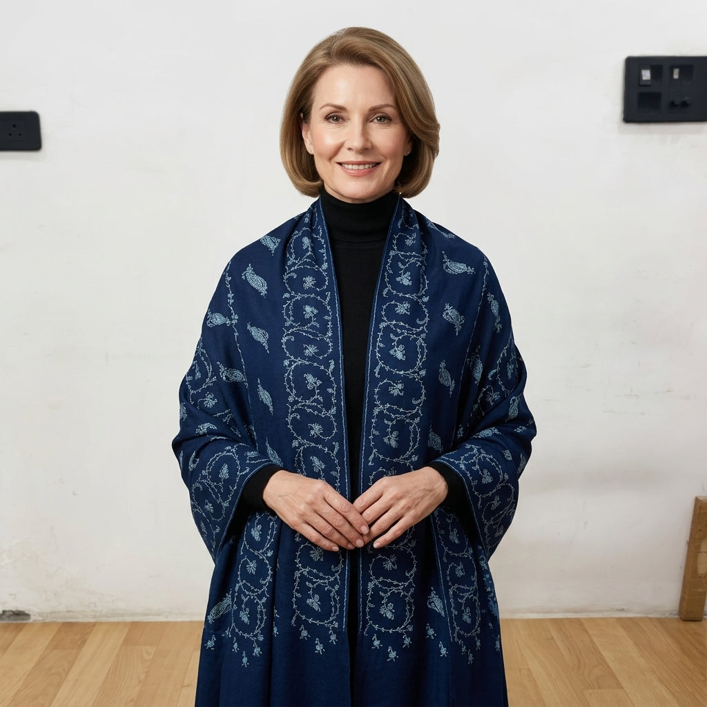 Pashmina Midnight Blue Kashmiri Embroidered  Premium Shawl