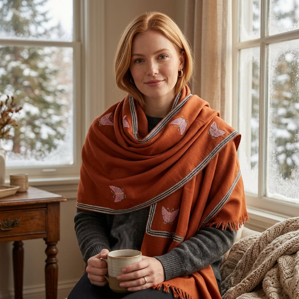 Pashmina Brown Butterfly Embroidered Stole