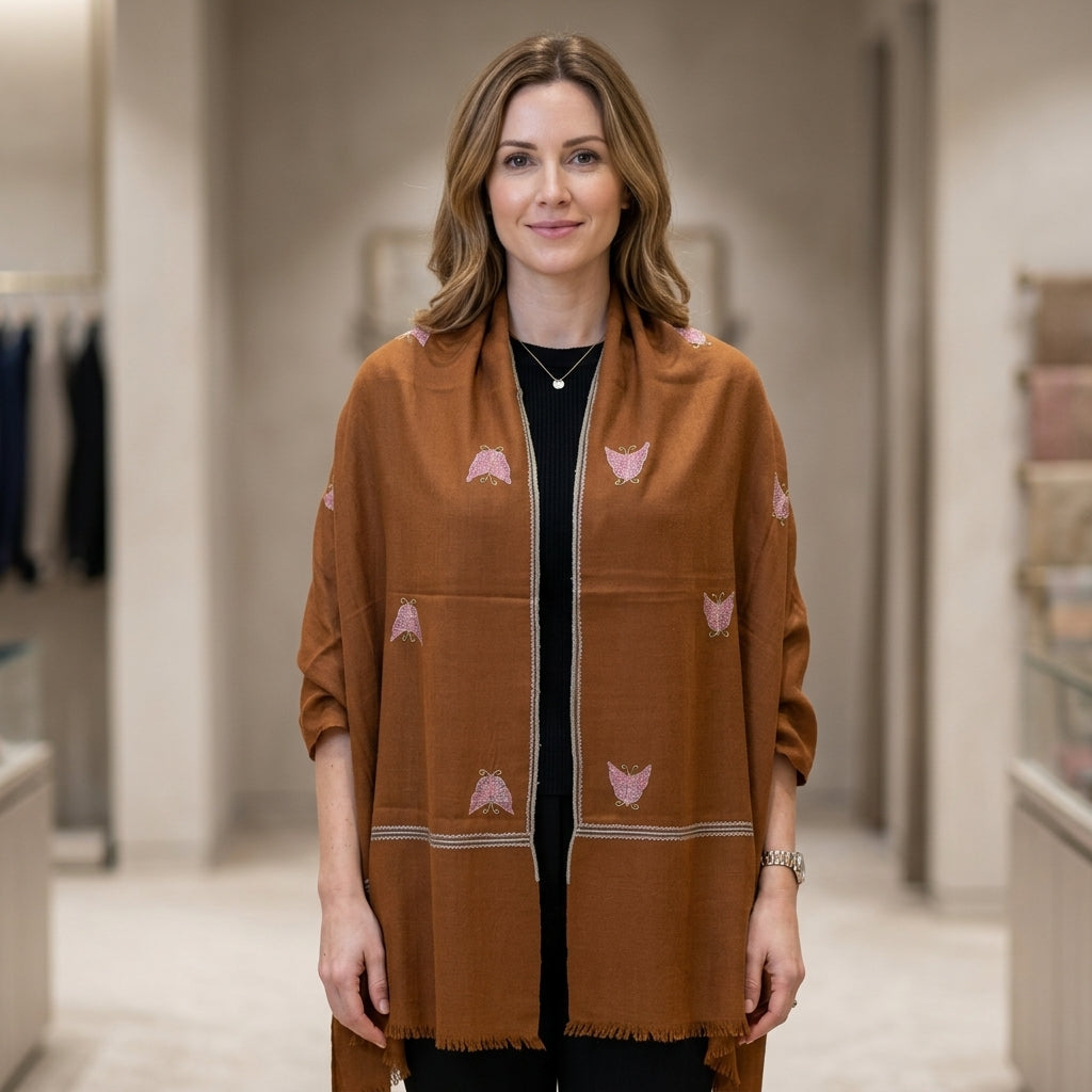 Pashmina Brown Butterfly Embroidered Stole