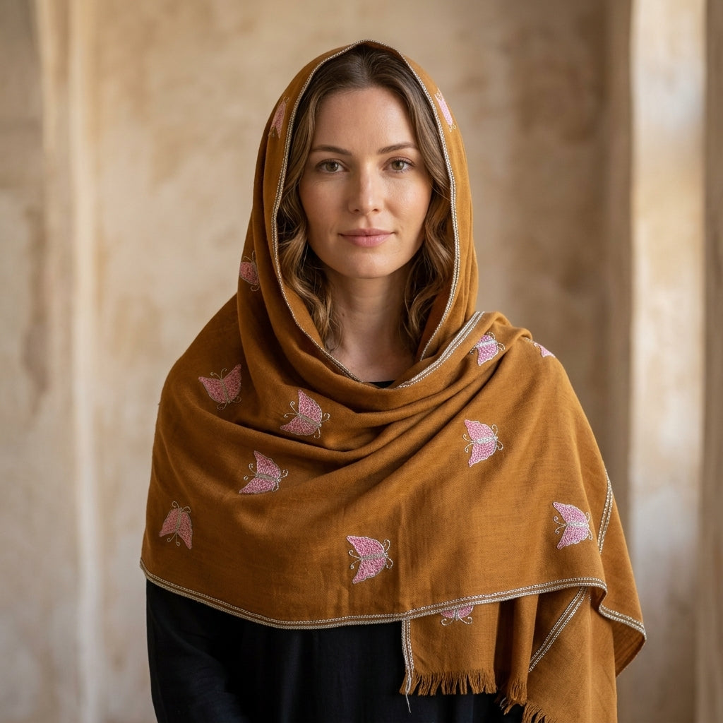 Pashmina Brown Butterfly Embroidered Stole