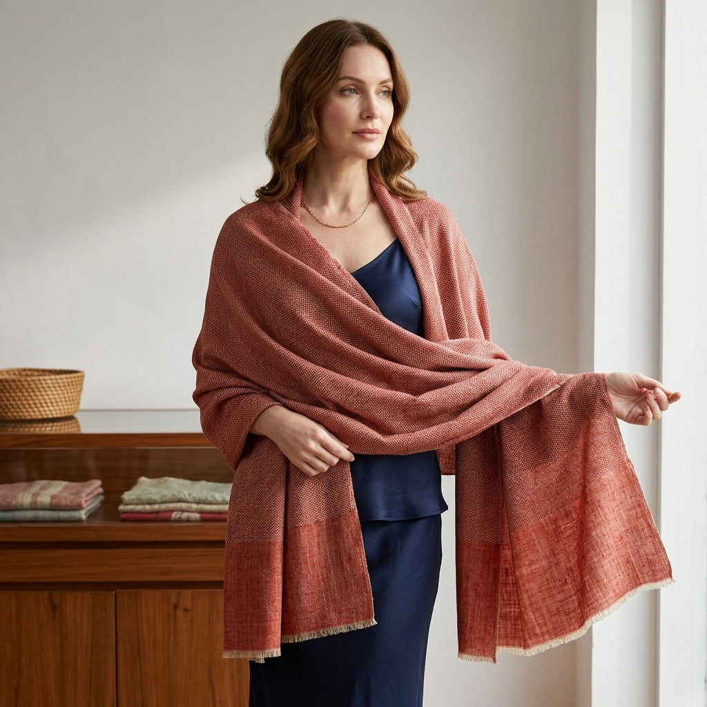 Pashmina Dual Tone Rust & Red Designer  Handwoven Shawl