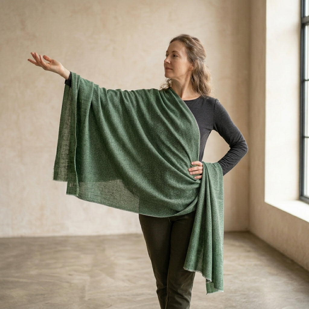Pashmina Green Self-Patterned Reversible Shawl — Fishbowl Design