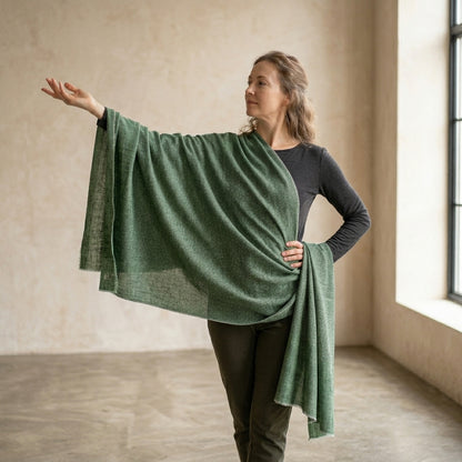 Pashmina Green Self-Patterned Reversible Shawl — Fishbowl Design