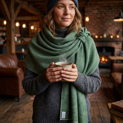 Pashmina Green Self-Patterned Reversible Shawl — Fishbowl Design