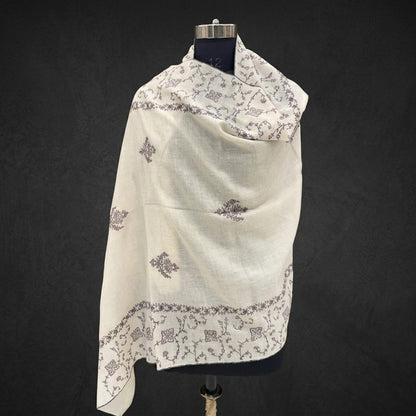 White Jali Pashmina Stole — Black & Blush Pink Floral Booti Embroidery