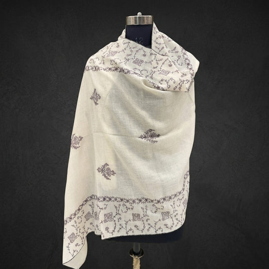 White Jali Pashmina Stole — Black & Blush Pink Floral Booti Embroidery