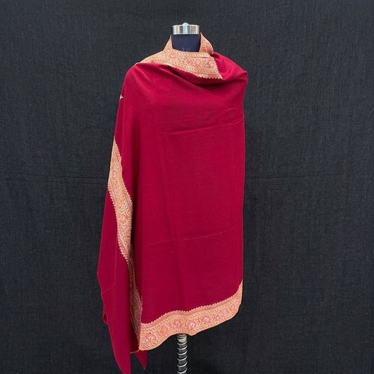 Crimson Handloom Pashmina Shawl — Gold & Coral Embroidered Border