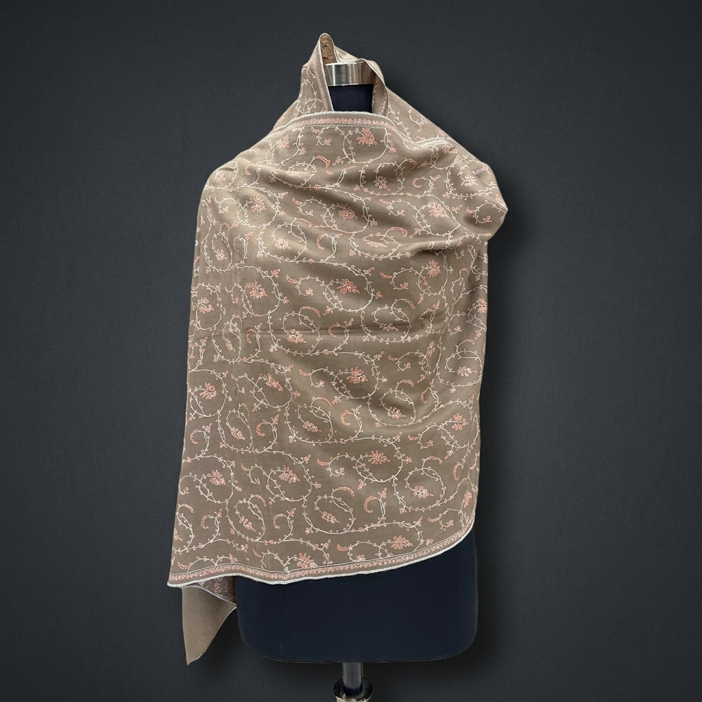 Taupe Jali Pashmina Stole — Ivory & Blush Pink Paisley Embroidery
