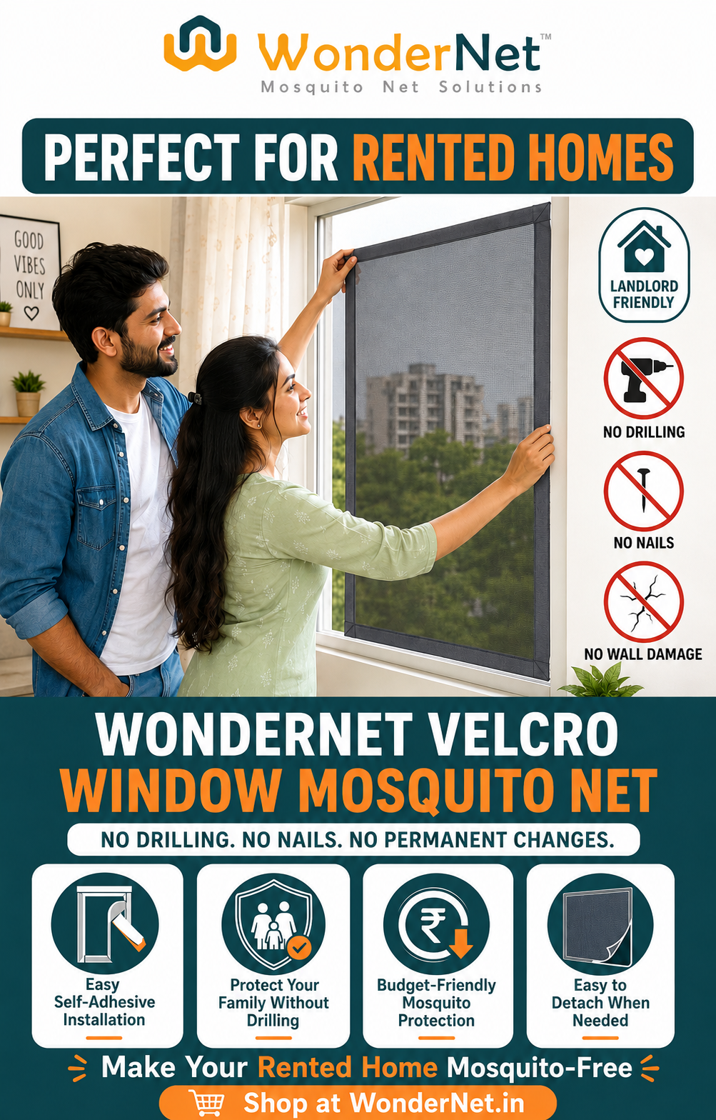 WonderNet Velcro Mosquito Net for Windows – Custom Size, Washable