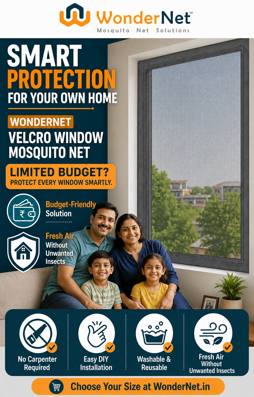 WonderNet Velcro Mosquito Net for Windows – Custom Size, Washable